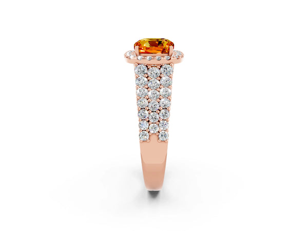 Rose gold Cushion Cut Citrine Halo Engagement Ring with Triple Row Round Pavé Band and Prong Setting