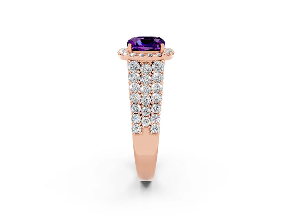 Rose gold Cushion Cut Amethyst Halo Engagement Ring with Triple Row Round Pavé Band and Prong Setting