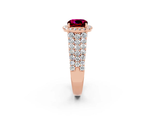 Rose gold Cushion Cut Garnet Halo Engagement Ring with Triple Row Round Pavé Band and Prong Setting