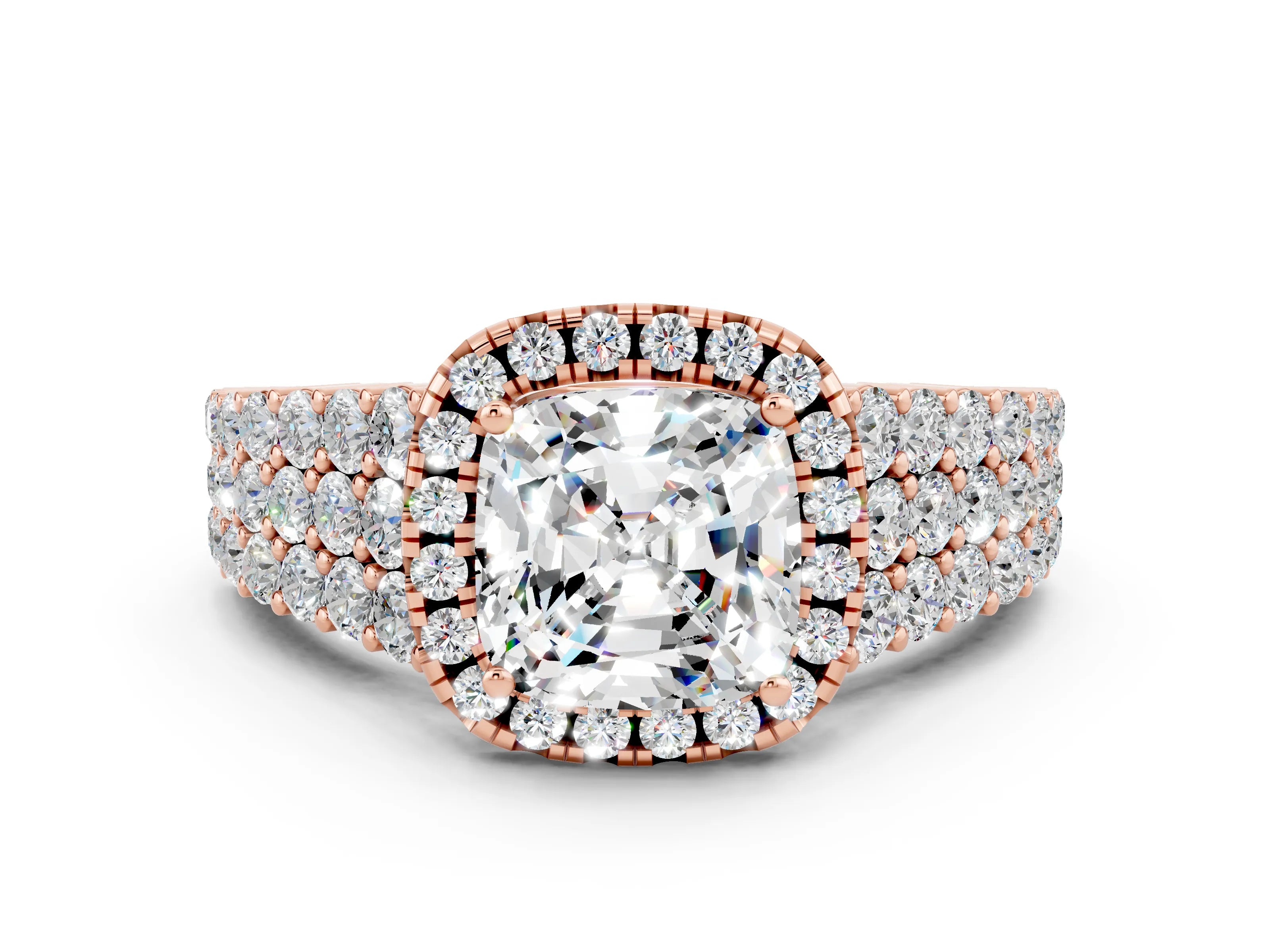 Rose gold Cushion Cut Halo Pavé Diamond Engagement Ring with Split Shank and Four-Prong Setting