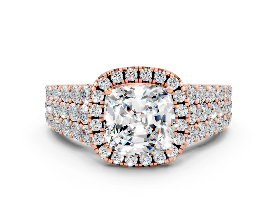 Rose gold Cushion Cut Halo Pavé Diamond Engagement Ring with Split Shank and Four-Prong Setting