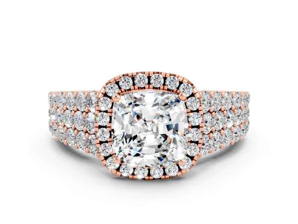 Rose gold Cushion Cut Moissanite Halo Engagement Ring with Triple Row Round Pavé Band and Prong Setting