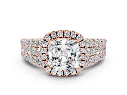 Rose gold Cushion Cut Halo Pavé Diamond Engagement Ring with Split Shank and Four-Prong Setting