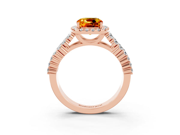 Rose gold Cushion Cut Citrine Halo Engagement Ring with Triple Row Round Pavé Band and Prong Setting