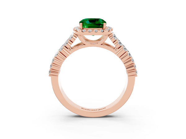 Rose gold Cushion Cut Emerald Halo Engagement Ring with Triple Row Round Pavé Band and Prong Setting