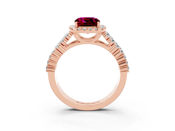 Rose gold Cushion Cut Garnet Halo Engagement Ring with Triple Row Round Pavé Band and Prong Setting