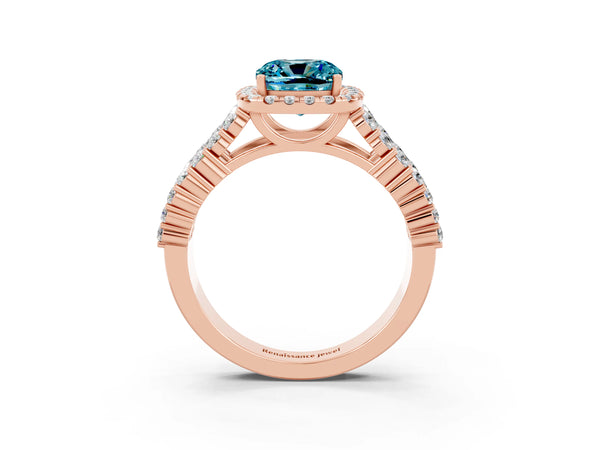 Rose gold Cushion Cut Halo Pavé Diamond Engagement Ring with Split Shank and Four-Prong Setting