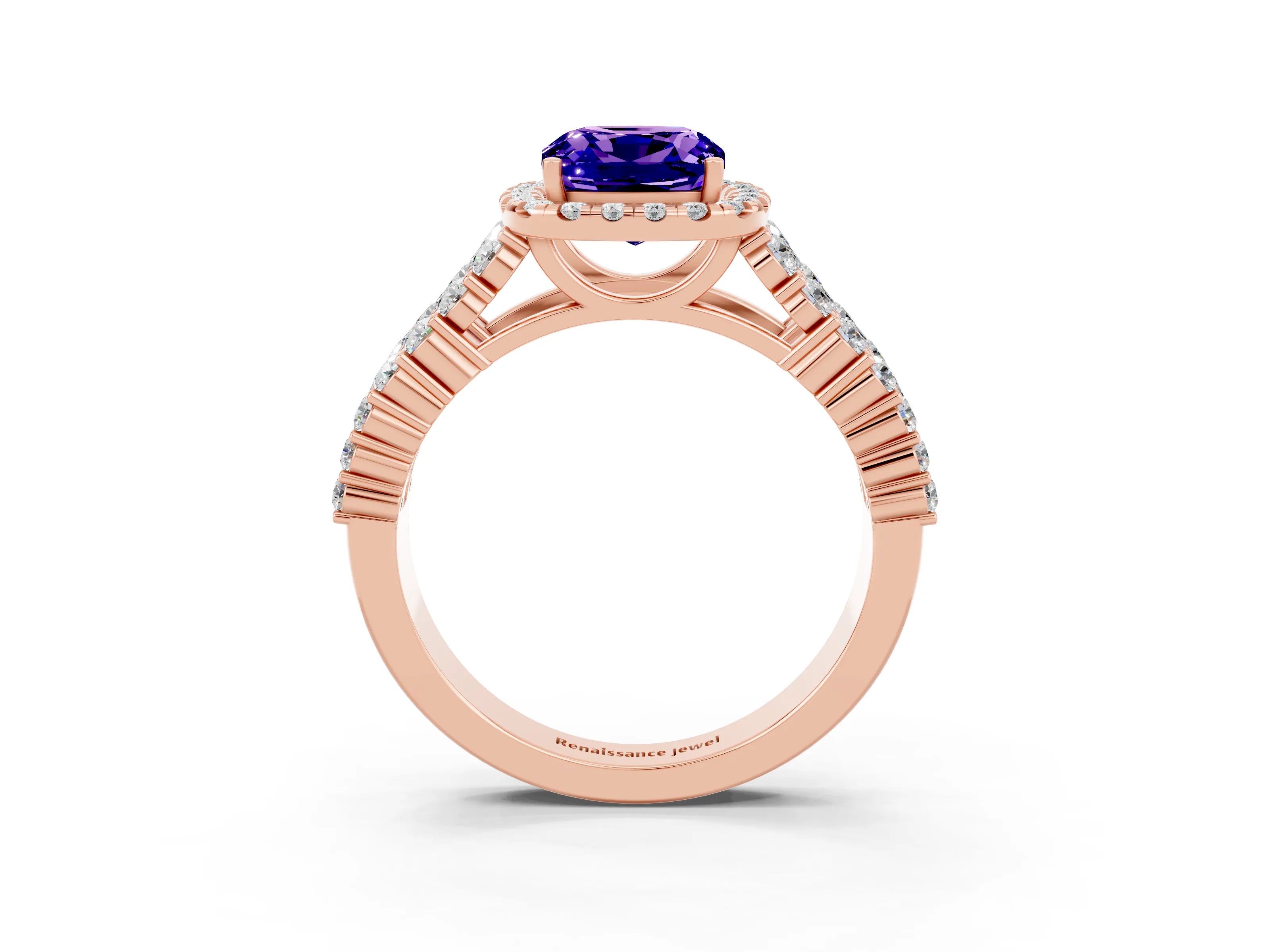 Rose gold Cushion Cut Halo Pavé Diamond Engagement Ring with Split Shank and Four-Prong Setting_3