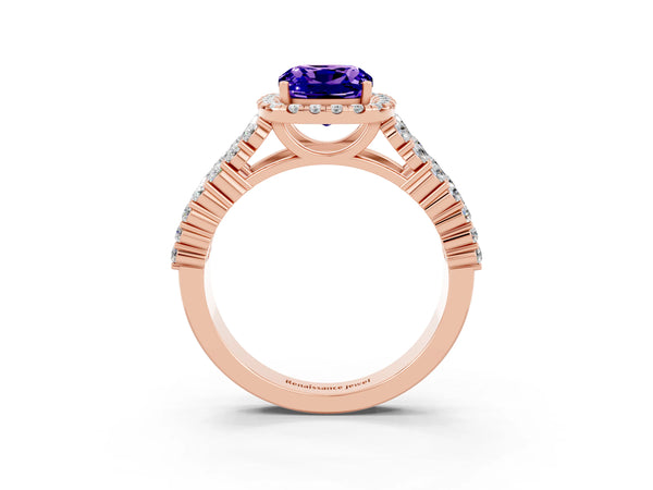 Rose gold Cushion Cut Tanzanite Halo Engagement Ring with Triple Row Round Pavé Band and Prong Setting