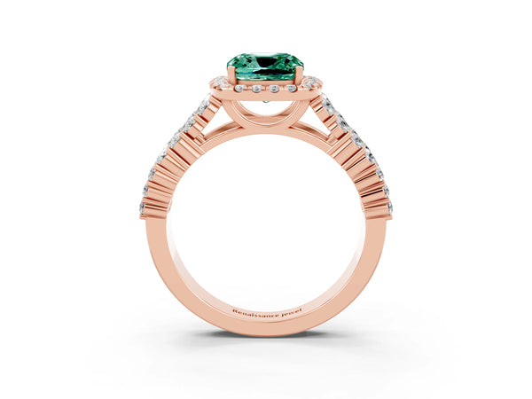 Rose gold Cushion Cut Green Sapphire Halo Engagement Ring with Triple Row Round Pavé Band and Prong Setting