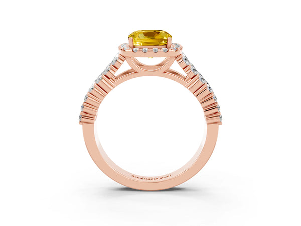 Rose gold Cushion Cut Yellow Sapphire Halo Engagement Ring with Triple Row Round Pavé Band and Prong Setting
