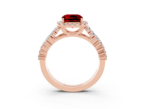 Rose gold Cushion Cut Halo Pavé Diamond Engagement Ring with Split Shank and Four-Prong Setting