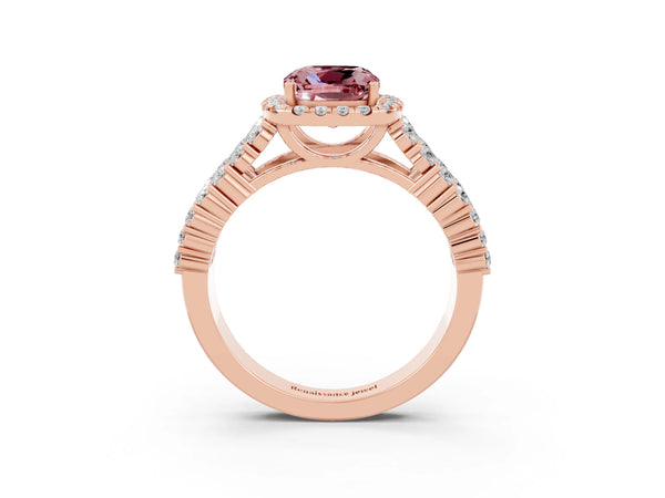 Rose gold Cushion Cut Halo Pavé Diamond Engagement Ring with Split Shank and Four-Prong Setting