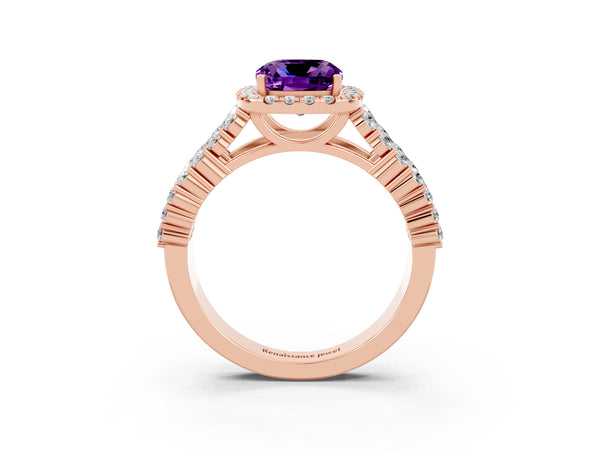 Rose gold Cushion Cut Amethyst Halo Engagement Ring with Triple Row Round Pavé Band and Prong Setting