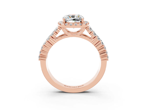 Rose gold Cushion Cut Moissanite Halo Engagement Ring with Triple Row Round Pavé Band and Prong Setting