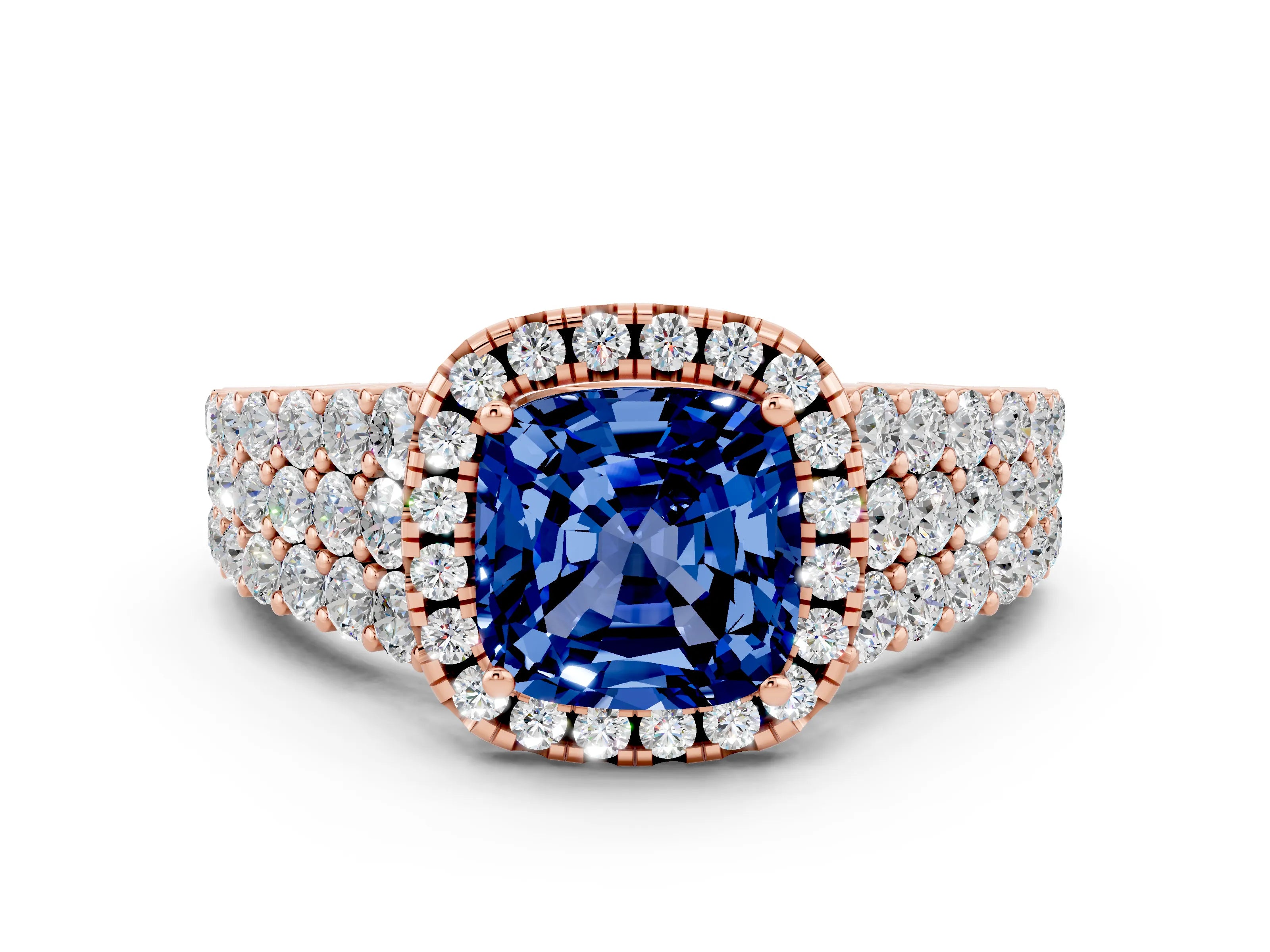 Rose gold Cushion Cut Halo Pavé Diamond Engagement Ring with Split Shank and Four-Prong Setting