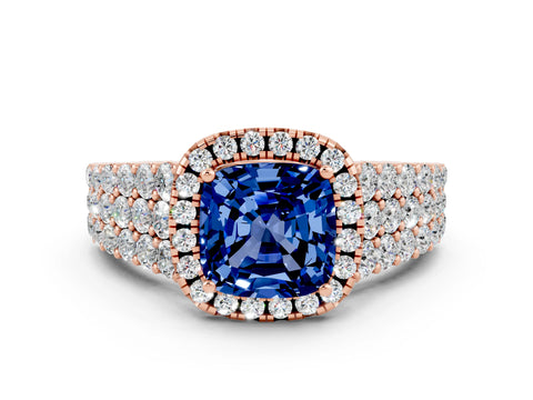 Rose gold Cushion Cut Halo Pavé Diamond Engagement Ring with Split Shank and Four-Prong Setting