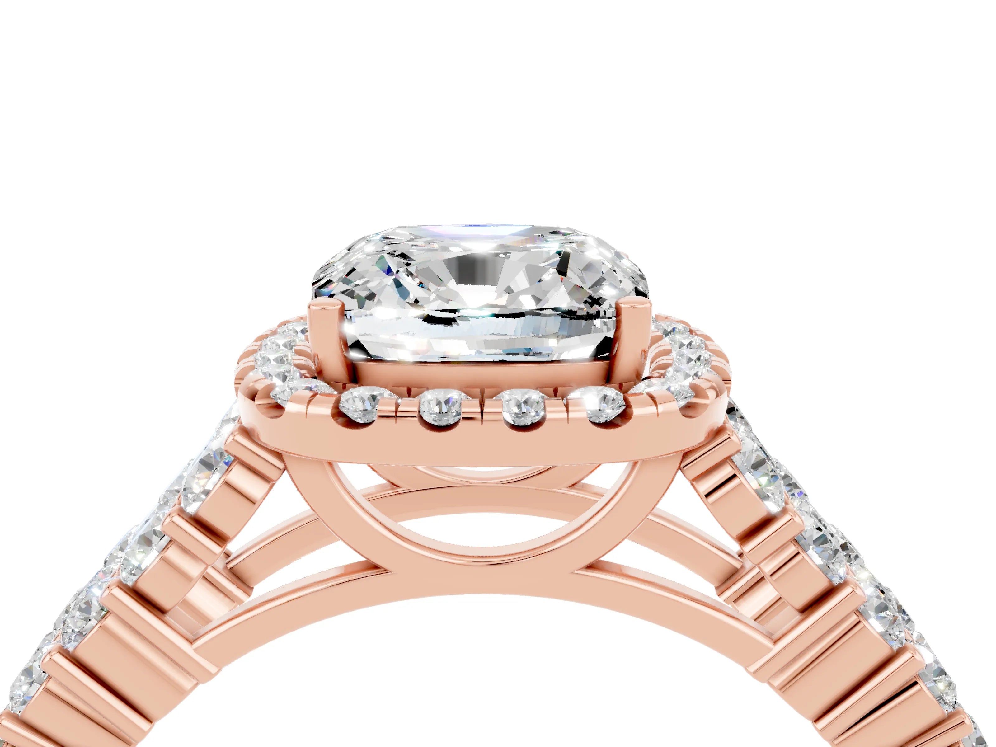 Rose gold Cushion Cut Halo Pavé Diamond Engagement Ring with Split Shank and Four-Prong Setting_4