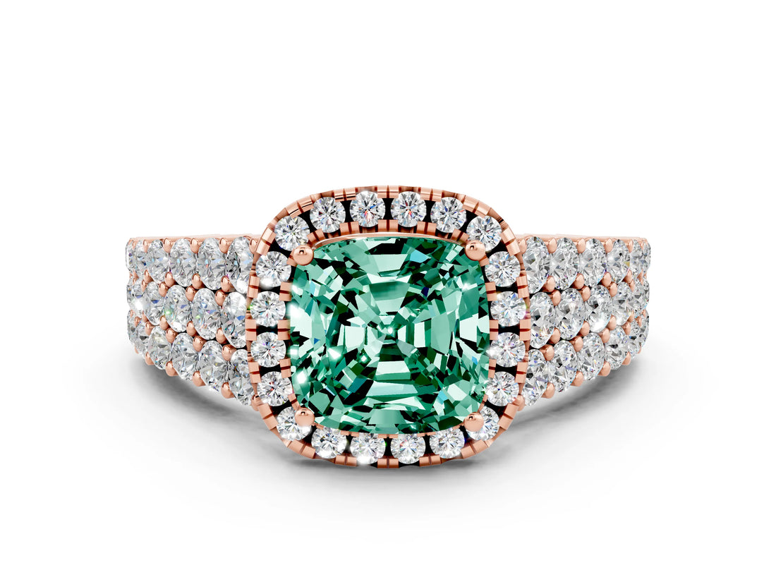 Rose gold Cushion Cut Halo Pavé Diamond Engagement Ring with Split Shank and Four-Prong Setting
