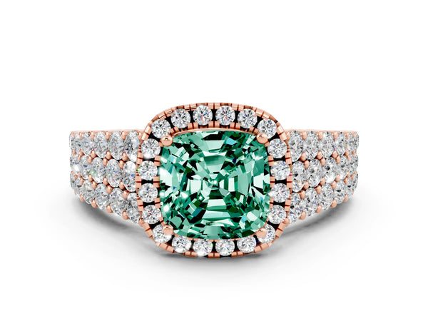 Rose gold Cushion Cut Green Sapphire Halo Engagement Ring with Triple Row Round Pavé Band and Prong Setting