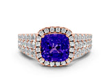 Rose gold Cushion Cut Halo Pavé Diamond Engagement Ring with Split Shank and Four-Prong Setting