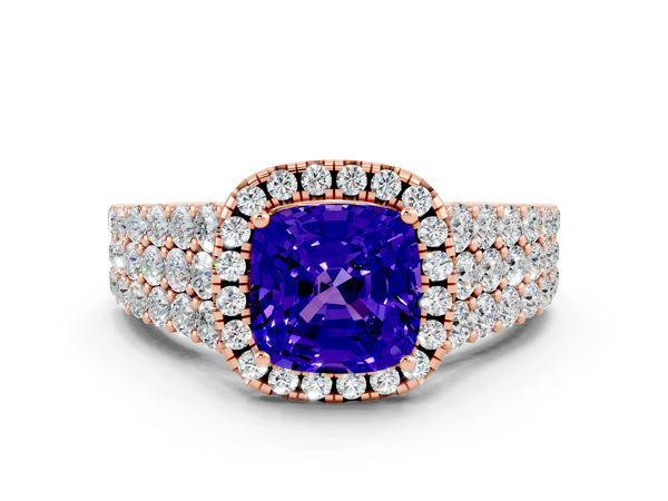 Rose gold Cushion Cut Tanzanite Halo Engagement Ring with Triple Row Round Pavé Band and Prong Setting