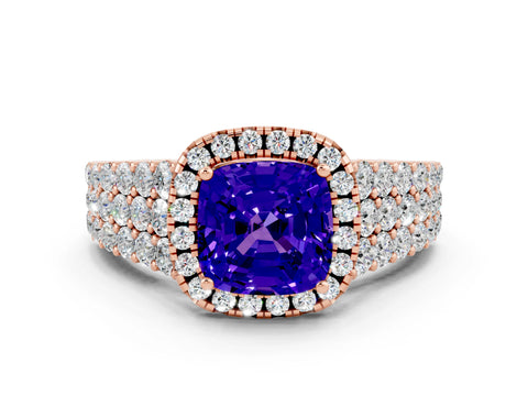 Rose gold Cushion Cut Halo Pavé Diamond Engagement Ring with Split Shank and Four-Prong Setting
