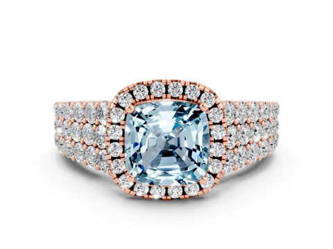 Rose gold Cushion Cut Halo Pavé Diamond Engagement Ring with Split Shank and Four-Prong Setting