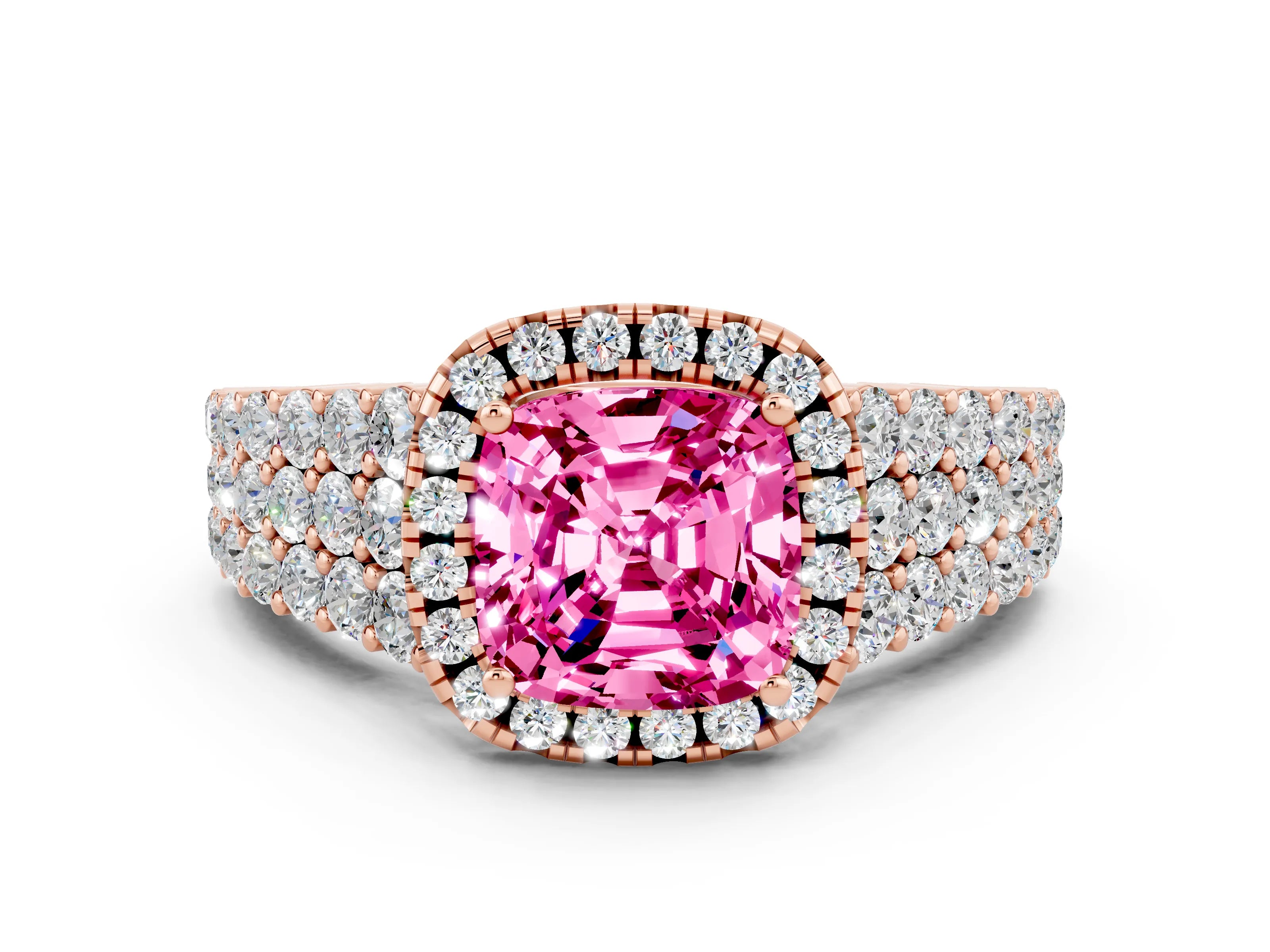 Rose gold Cushion Cut Halo Pavé Diamond Engagement Ring with Split Shank and Four-Prong Setting