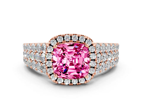 Rose gold Cushion Cut Halo Pavé Diamond Engagement Ring with Split Shank and Four-Prong Setting