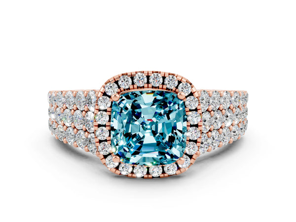 Rose gold Cushion Cut Halo Pavé Diamond Engagement Ring with Split Shank and Four-Prong Setting