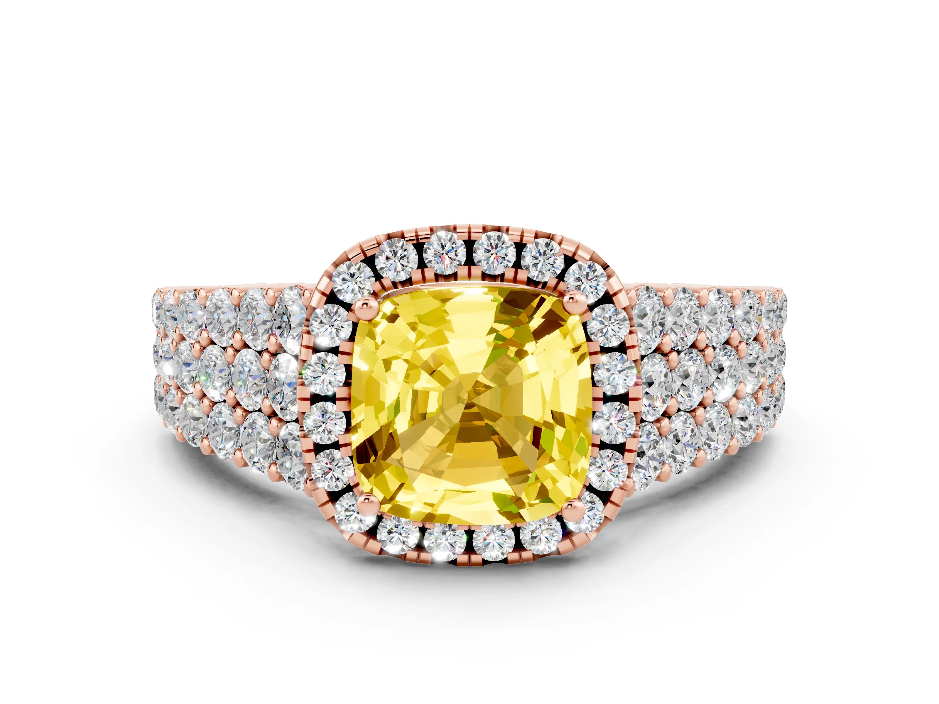 Rose gold Cushion Cut Halo Pavé Diamond Engagement Ring with Split Shank and Four-Prong Setting