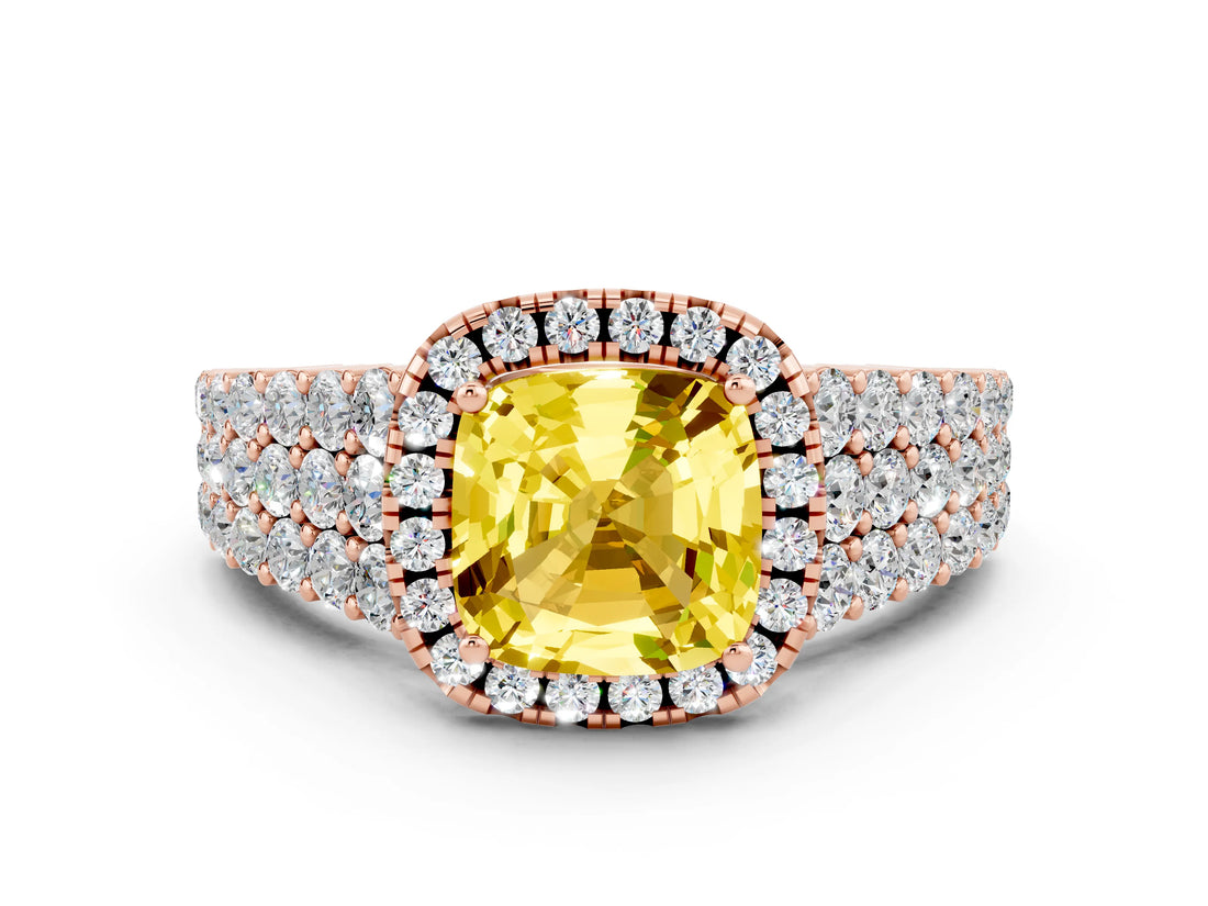 Rose gold Cushion Cut Halo Pavé Diamond Engagement Ring with Split Shank and Four-Prong Setting