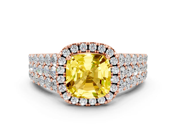 Rose gold Cushion Cut Yellow Sapphire Halo Engagement Ring with Triple Row Round Pavé Band and Prong Setting