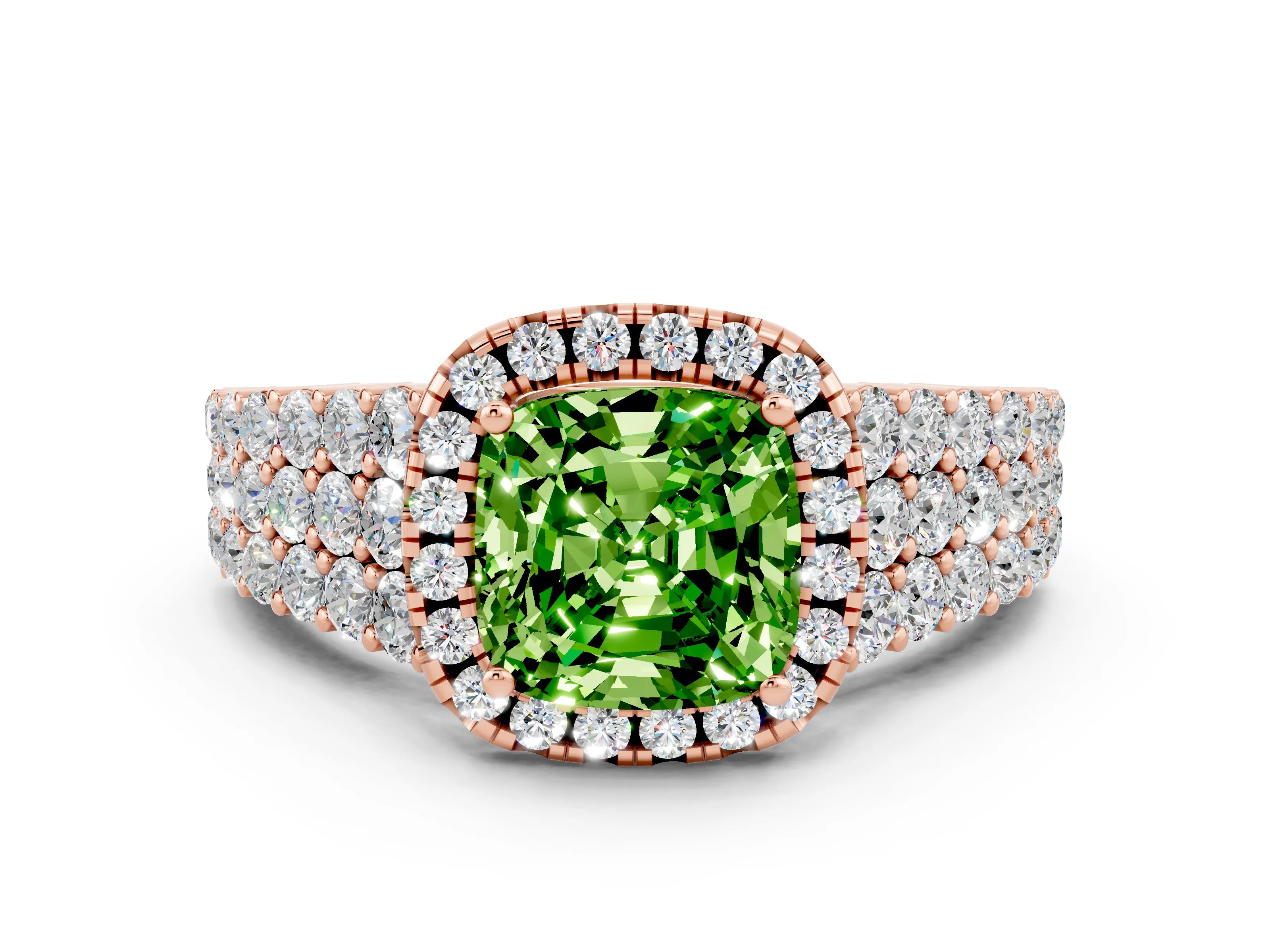 Rose gold Cushion Cut Halo Pavé Diamond Engagement Ring with Split Shank and Four-Prong Setting
