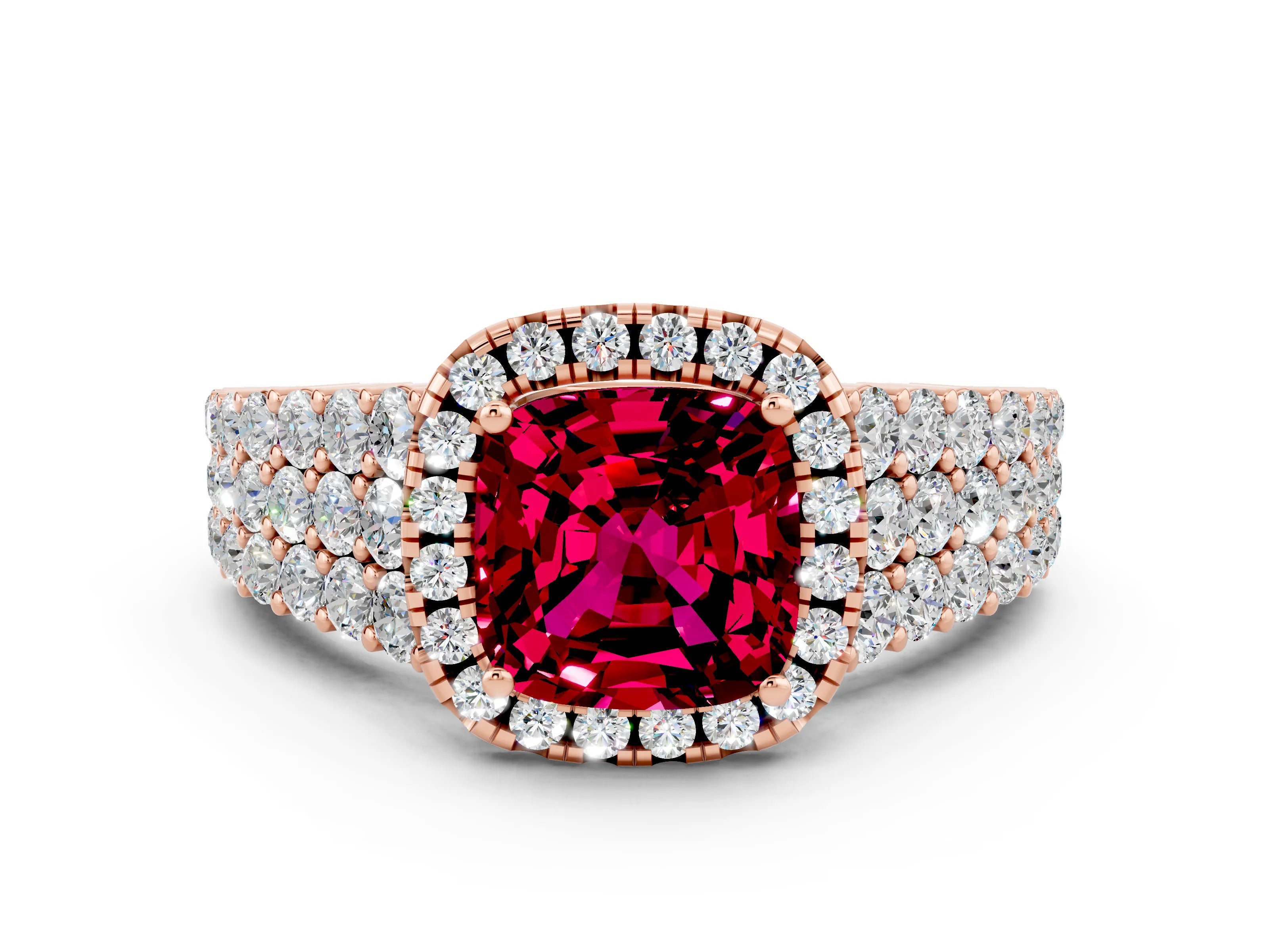Rose gold Cushion Cut Halo Pavé Diamond Engagement Ring with Split Shank and Four-Prong Setting