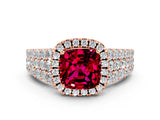 Rose gold Cushion Cut Halo Pavé Diamond Engagement Ring with Split Shank and Four-Prong Setting