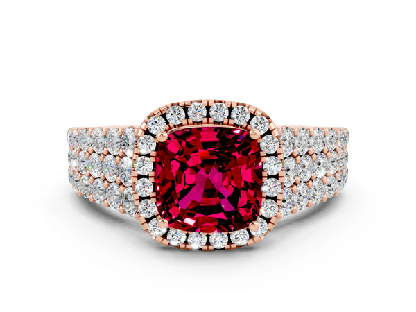 Rose gold Cushion Cut Garnet Halo Engagement Ring with Triple Row Round Pavé Band and Prong Setting