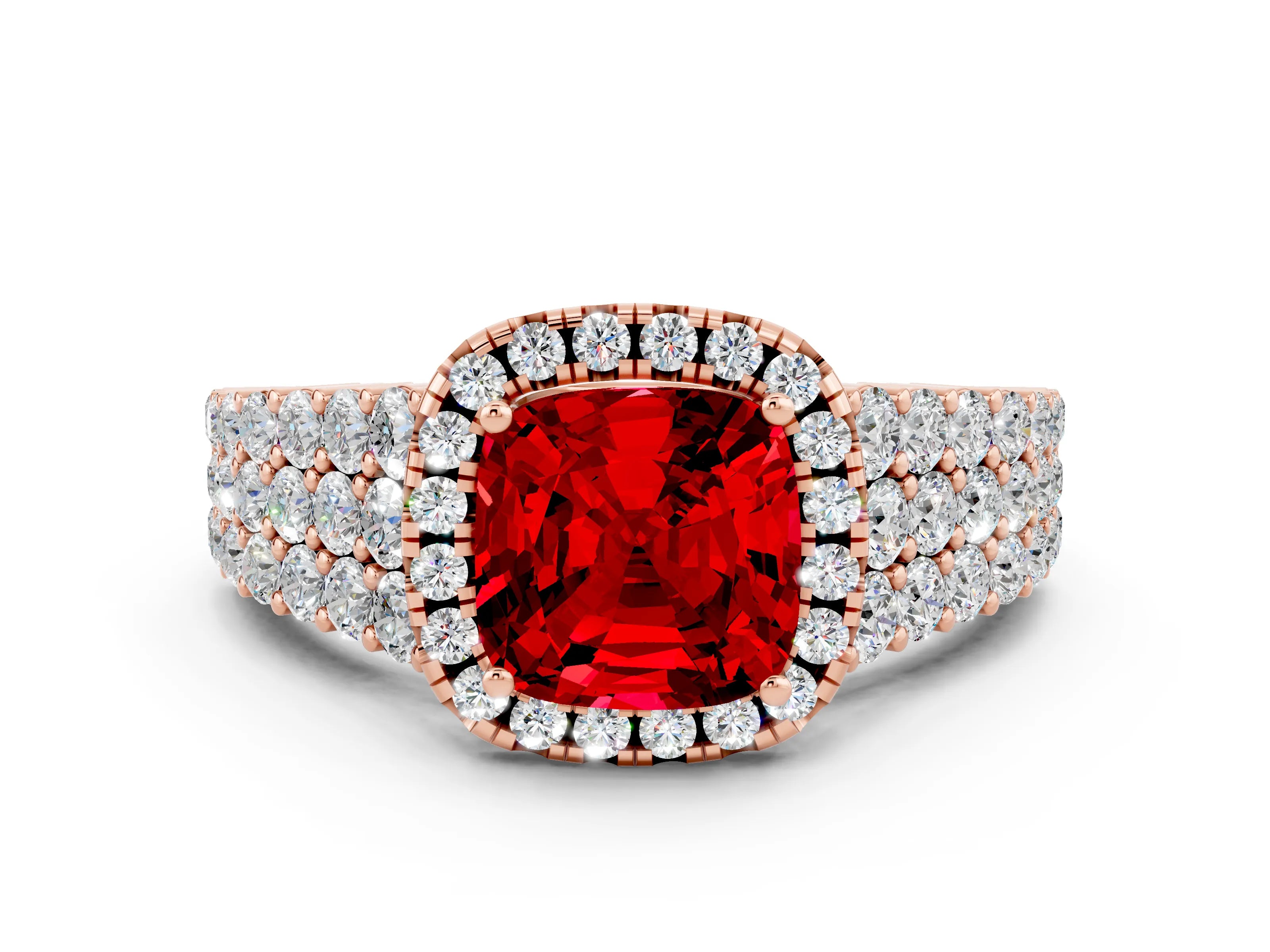 Rose gold Cushion Cut Halo Pavé Diamond Engagement Ring with Split Shank and Four-Prong Setting