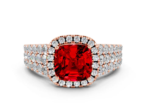 Rose gold Cushion Cut Halo Pavé Diamond Engagement Ring with Split Shank and Four-Prong Setting