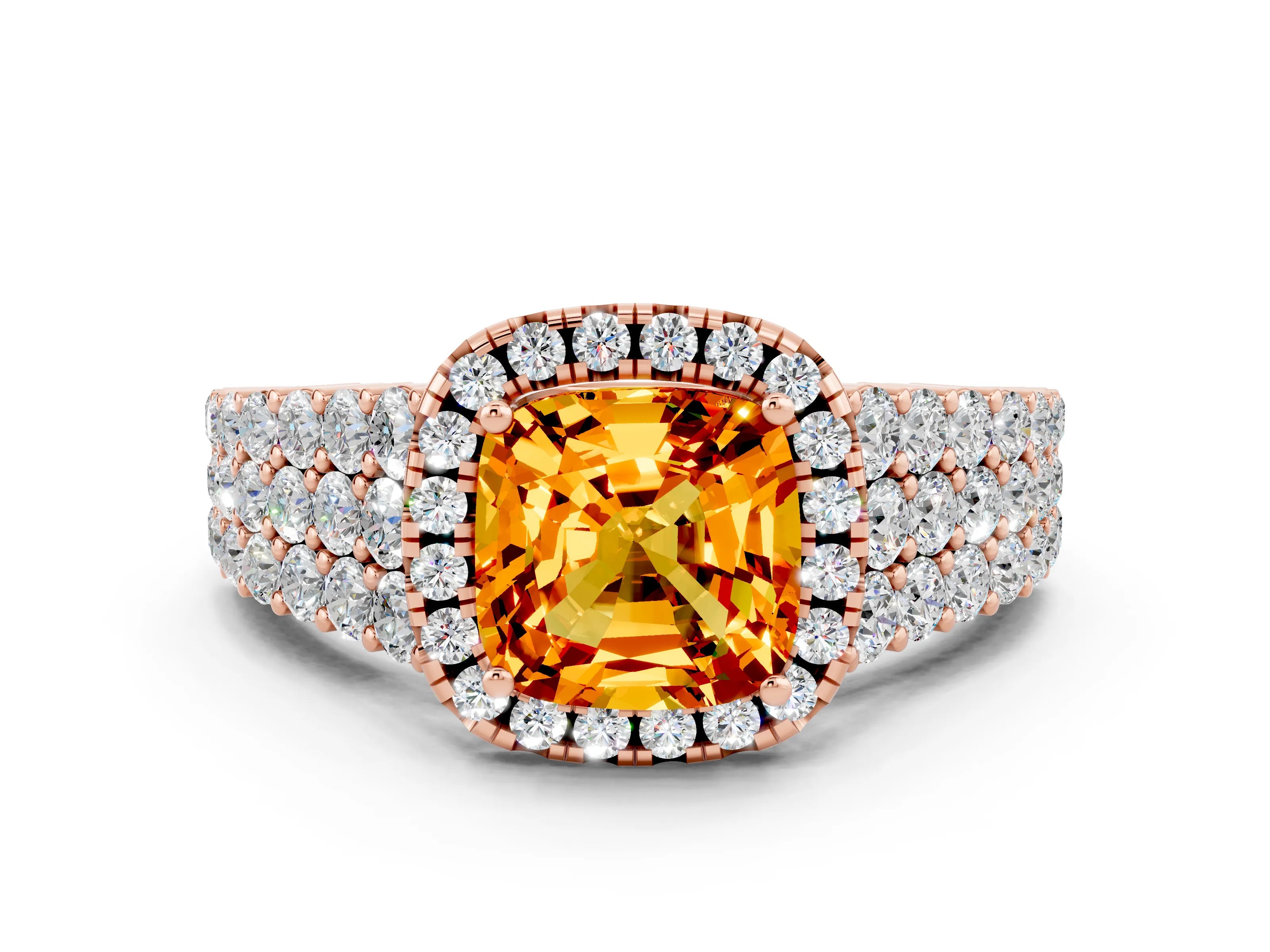 Rose gold Cushion Cut Halo Pavé Diamond Engagement Ring with Split Shank and Four-Prong Setting