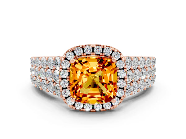 Rose gold Cushion Cut Citrine Halo Engagement Ring with Triple Row Round Pavé Band and Prong Setting