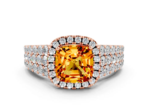 Rose gold Cushion Cut Halo Pavé Diamond Engagement Ring with Split Shank and Four-Prong Setting