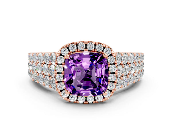 Rose gold Cushion Cut Amethyst Halo Engagement Ring with Triple Row Round Pavé Band and Prong Setting