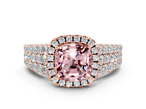 Rose gold Cushion Cut Halo Pavé Diamond Engagement Ring with Split Shank and Four-Prong Setting