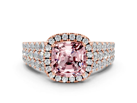Rose gold Cushion Cut Halo Pavé Diamond Engagement Ring with Split Shank and Four-Prong Setting