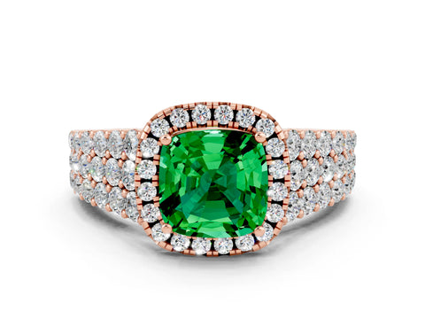 Rose gold Cushion Cut Halo Pavé Diamond Engagement Ring with Split Shank and Four-Prong Setting