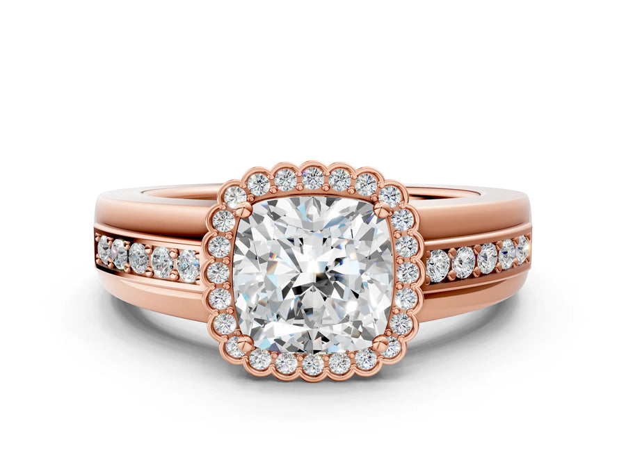 Rose gold Cushion Cut Halo Pave Band Four-Prong Ring