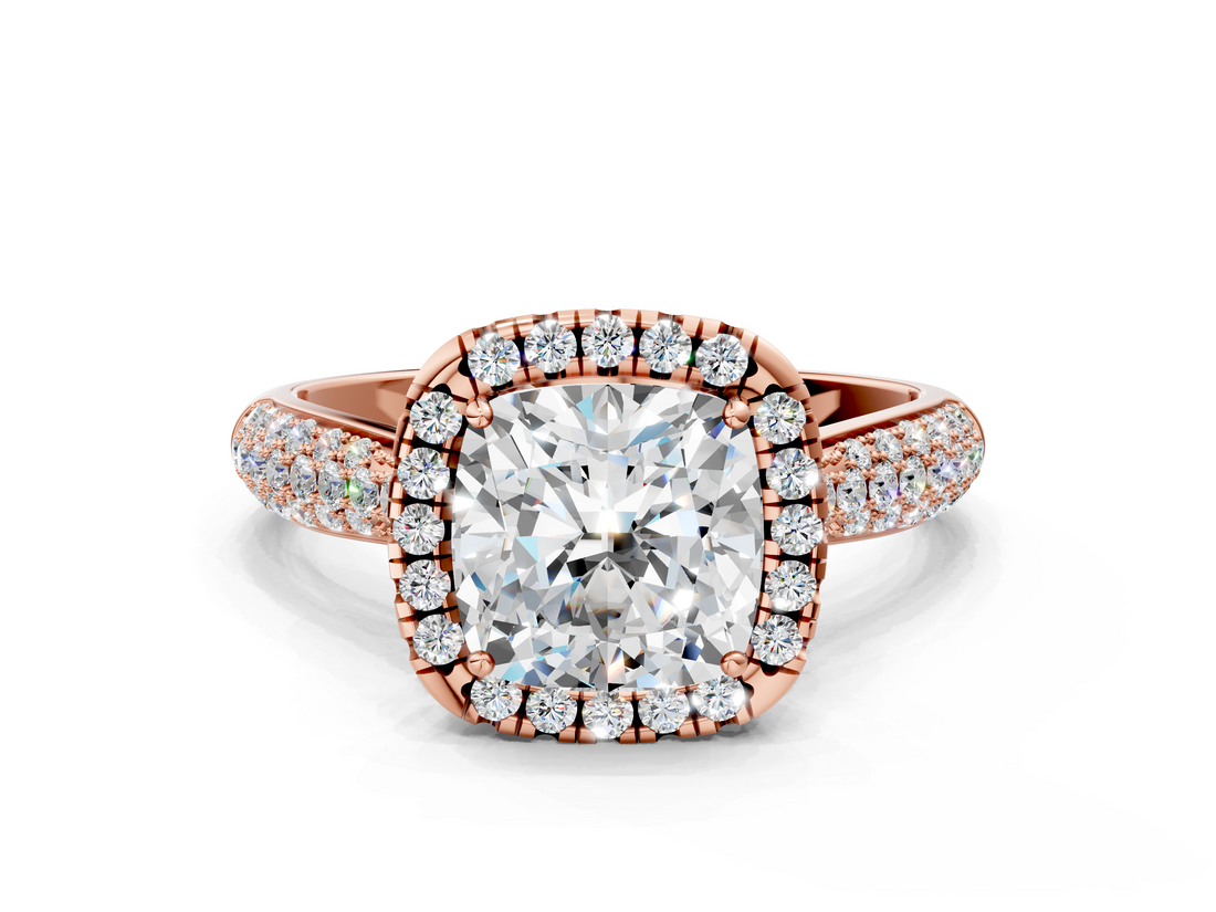 Rose gold Cushion Cut Halo Pave Band Four-Prong Setting Ring_37