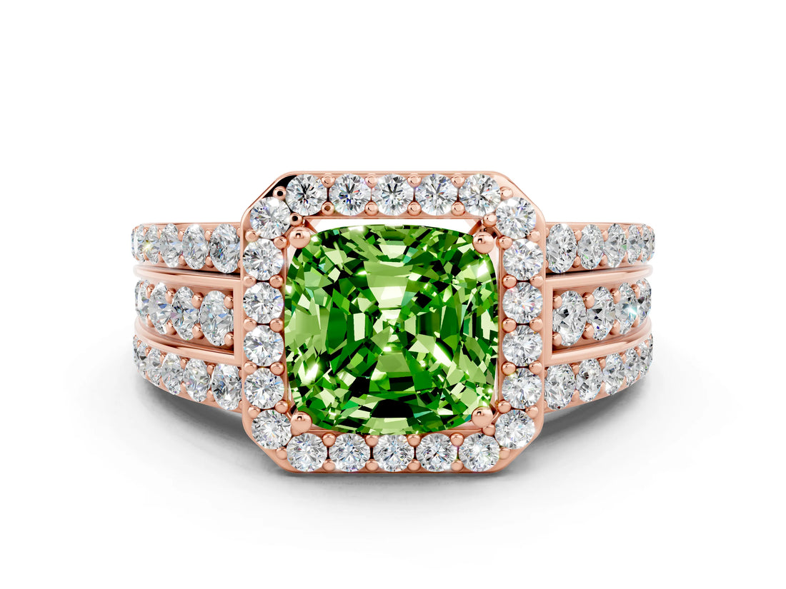 Rose gold Cushion Cut Halo Peridot Ring with Split Shank and Four-Prong Setting